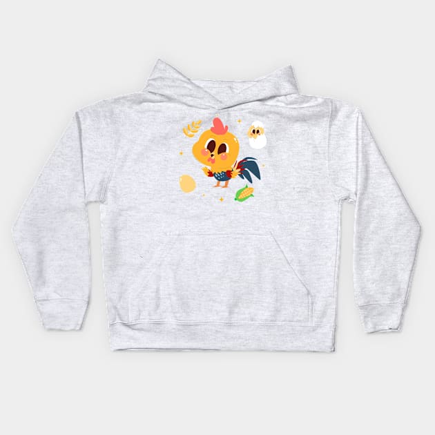 Rooster Hand Drawn Cartoon Kids Hoodie by Mako Design 